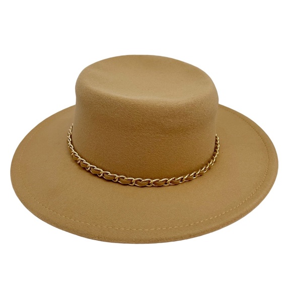 Wide Brim Camel Felt Fedora with Gold Chain - Picture 1 of 8